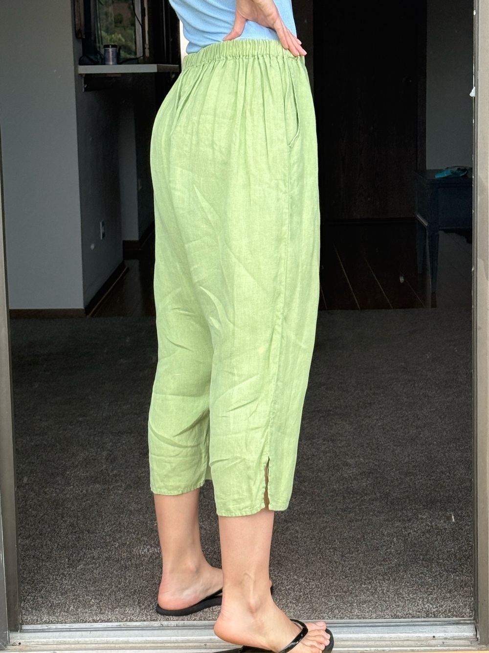 FLAX by Jeanne Engelhart light green linen cropped pants, size:M,good condition